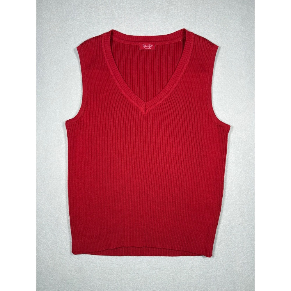 John Galt Red Ribbed V-Neck Sleeveless Knit Sweater Vest 100%Cotton Preppy Layer